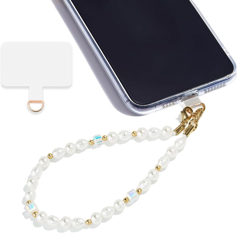 Lostars Store Marble Beaded Phone Wrist Strap,Detachable Phone Bracelet Strap with Tether Tab,Hands-Free Wristlet Strap (White Pearl) - Image 1